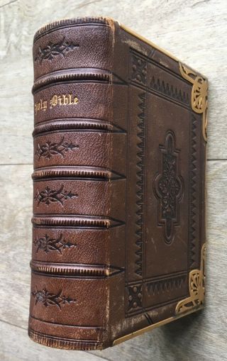 Antique Leather Bound Bible With Brass Clasp And Corner Decoration 1863