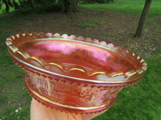 Northwood PEACOCK AT THE FTN ANTIQUE CARNIVAL GLASS MASTER BERRY BOWL MARIGOLD 2