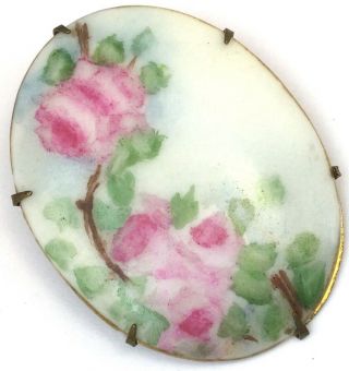 Victorian Hand Painted Flower Cameo Porcelain Pink Rose Estate Antique Jewelry