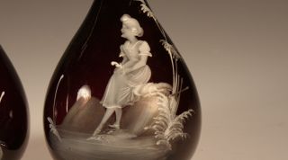 Set of 2 Victorian Glass Amethyst Mary Gregory Barber ' s Bottle Boy & Girl c.  1890 2