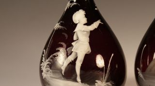 Set of 2 Victorian Glass Amethyst Mary Gregory Barber ' s Bottle Boy & Girl c.  1890 3