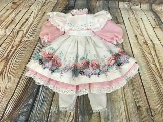 Vintage Doll Dress Clothes Pink Floral Pinafore Pantaloons 15” Dolls