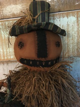 Primitive Grungy Pumpkin Scarecrow Doll With Black Pumpkin 30 " Tall