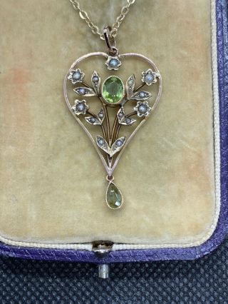 Antique Art Nouveau 9ct Gold Pendant With Peridot & Seed Pearls