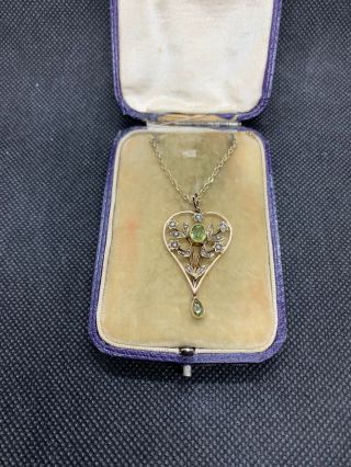 Antique Art Nouveau 9ct Gold Pendant With Peridot & Seed Pearls 2
