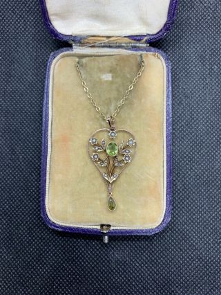 Antique Art Nouveau 9ct Gold Pendant With Peridot & Seed Pearls 3