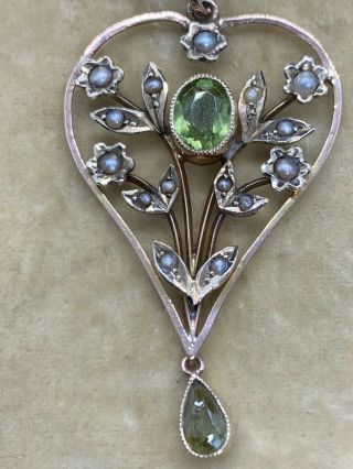 Antique Art Nouveau 9ct Gold Pendant With Peridot & Seed Pearls 4