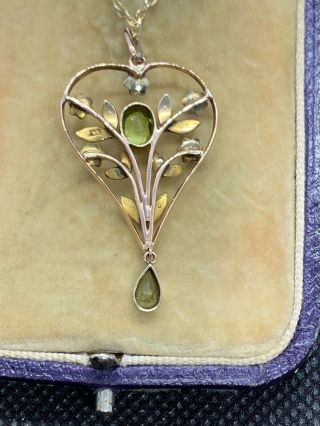 Antique Art Nouveau 9ct Gold Pendant With Peridot & Seed Pearls 7
