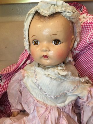 Vintage Composition Baby Doll Adorable Cloth Body Dress Bonnet Crier 24” Cryer