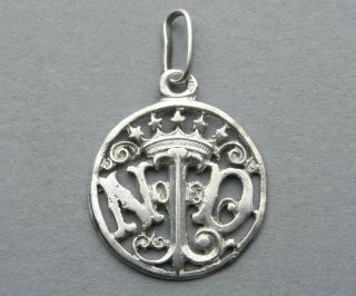 Saint Virgin Mary,  Monogram.  Antique Religious Sterling Pendant.  Silver Medal.