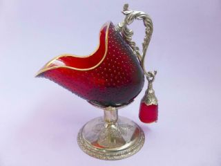 Antique Ruby Red Venetian Glass Sugar Cube Scuttle & Scoop,  Silver Plated