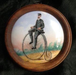 Great Antique Portrait Miniature Painting Man Penny Farthing Bicycle Porcelain