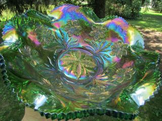 Millersburg Primrose Antique Carnival Art Glass Ruffled Bowl Green Spectacular