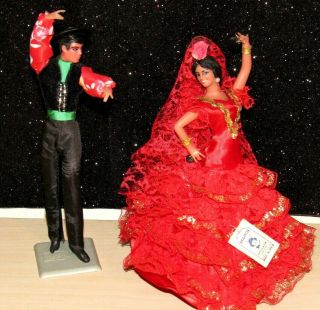 Vintage Set Marin Chiclana Flamenco Dolls Man & Woman Red Lace 7 " Tagged Spain