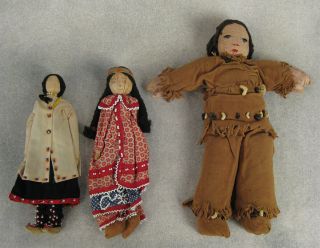 3 Vintage Native American Play Dolls Cloth And Beaded Corn Husk Mid Century