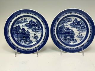 2 Antique Chinese Export Blue & White Canton Meandering Wall 7 - 3/4 " Bowls