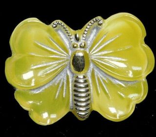 Antique Vtg Button Realistic Butterfly In Yellow Glass W Gold & White 7/8 A22