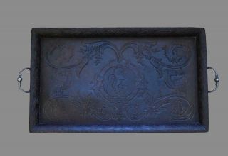 Impressive Very Large Antique Georgian Embossed Leather & Wood Tray Lion Motif