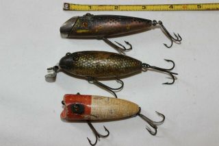 3 Vtg & Antique Junk Beater Fishing Lures Wood Glass Eyes South Bend Creek Chub