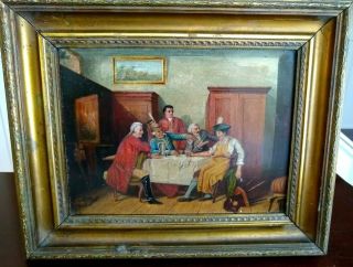 19th Century Oil On Panel Of A Tavern Scene - Antique Gilt Frame