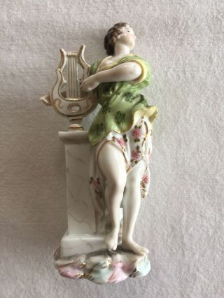 Antique German Porcelain Figurine Classical Muse Woman Playing Harp 11.  5cm