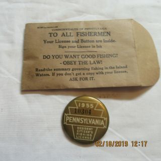 1955 Pa Pennsylvania Resident Fishing License Button W/ Envelope