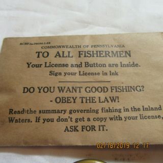1955 PA Pennsylvania Resident Fishing License Button w/ Envelope 3