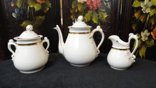 Antique Haviland Teapot Tea Pot Creamer Sugar Set White W/ Gold Bands & Ivy Trim
