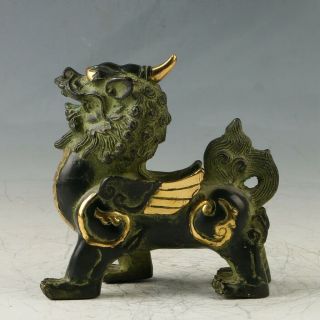 Chinese Bronze Gilt Hand Carved Unicorn Statue My0476