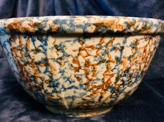 Antique Red Wing 10” Stoneware Sponge Ware Bowl 6 Panel Brick Blue Tan