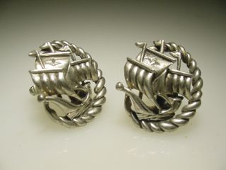 Large Heavy Vintage Sterling Silver Boat 3 Mast Sailing Ship Cufflinks Anson