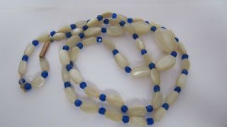 Vintage Mop Mother Of Pearl Blue Bead Long Necklace 63cm Antique Clasp