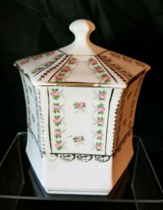 Vintage Antique C.  S.  Prussia China Covered Dish - Painted Pink Roses - Gold Desi