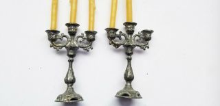 Antique Pair Ornate Soft Metal 3 Arm Candelabras With Real Wax Candles 3 3/4 " Ta