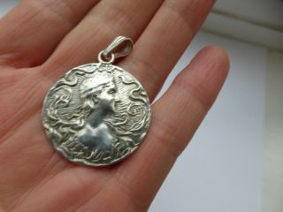 Antique Victorian Art Nouveau Silver Maiden Pendant Necklace