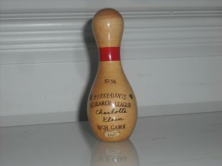 Vintage Bowling Trophy 1957 4 " Wooden Bowling Pin Wood Lady Parke Davis Hi Score