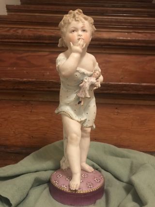 Antique German Bisque Figurine - 10.  5 " Girl With Doll - Adorable Heubach?