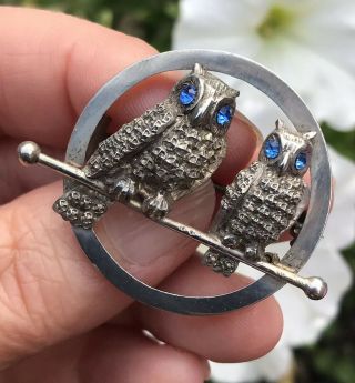 Antique Victorian /edwardian Sterling Silver Owl Birds Moon Brooch /pin