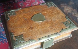 Charming Antique Oak And Brass Bound Book Shaped Box