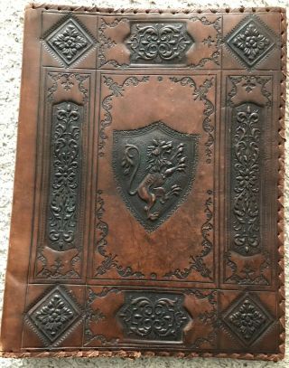 Antique Leather Book Cover Heraldic Crest Embossed Tooled Leather 16” A37