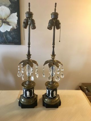Rare Pair 1920s Era Wedgwood Lamps W/black Jasperware W/cut Glass Center & Drops