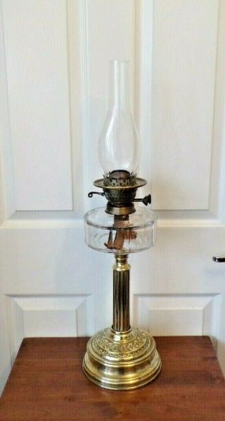 A Stunning Heavy Victorian Brass Column Oil Lamp Cut Glass Font Twin Burner