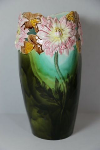 Antique Pierced Majolica Dahlia Flower Art Pottery Vase 12 "