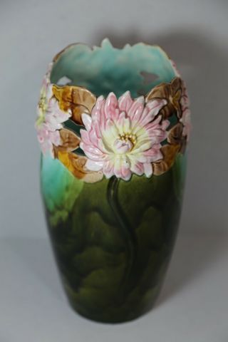 Antique Pierced Majolica Dahlia Flower Art Pottery Vase 12 
