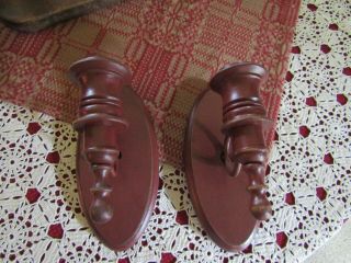 Vintage Wood & Metal Wall Candle Sconces - Set Of Two - Painted Dark Red