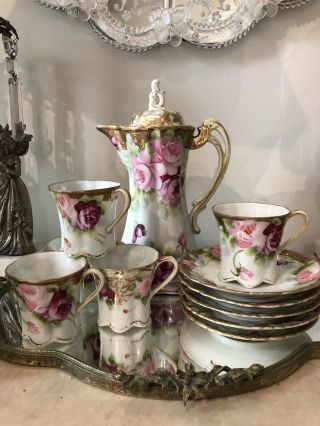 Antique Hand Painted Pink Roses Nippon Chocolate Pot Tea Set 5 Cups Saucers