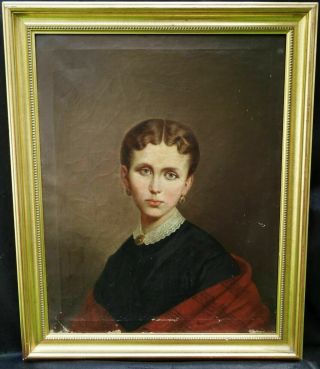 Antique Oil Painting On Canvas With Frame " Portrait Of A Young Woman " 1800 Ca