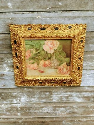 Antique Victorian Pink Rose Flower Still Life Painting Layered Gold Gesso Frame
