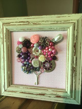 Framed Vintage Jewelry Art 5x5 Bouquet Wedding Baby Shower