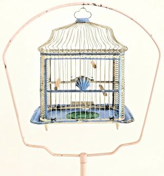 Vtg Antique Barn Find Bird Cage Stand W Marked Hendryx Cage W/milk Glass Feeder